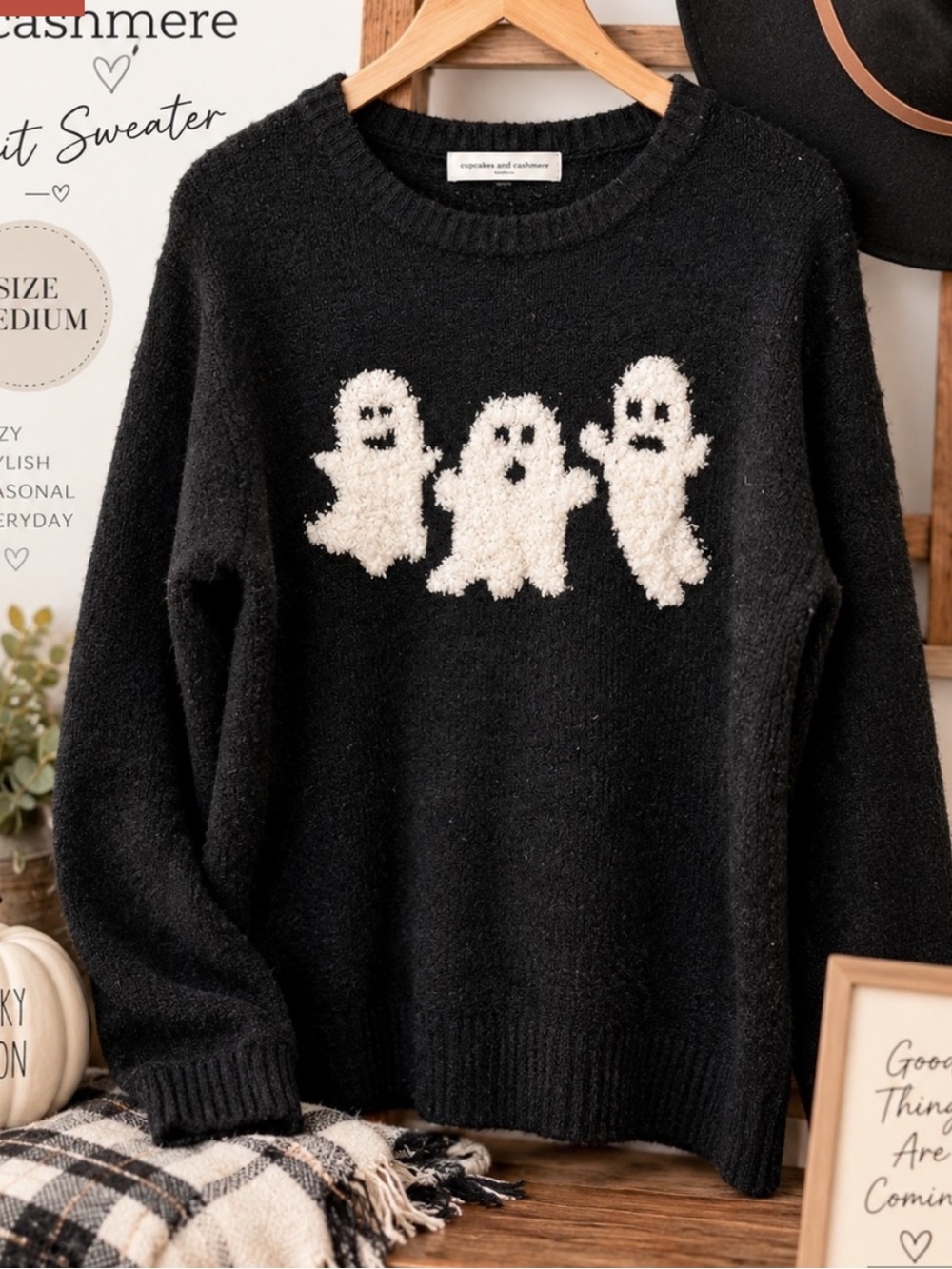 cupcakes & cashmere Black Crewneck Sweater Cream Ghost Motif